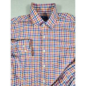 Toscano Patrick Assaraf Mens Small Orange Blue Gingham Check Button Down Shirt